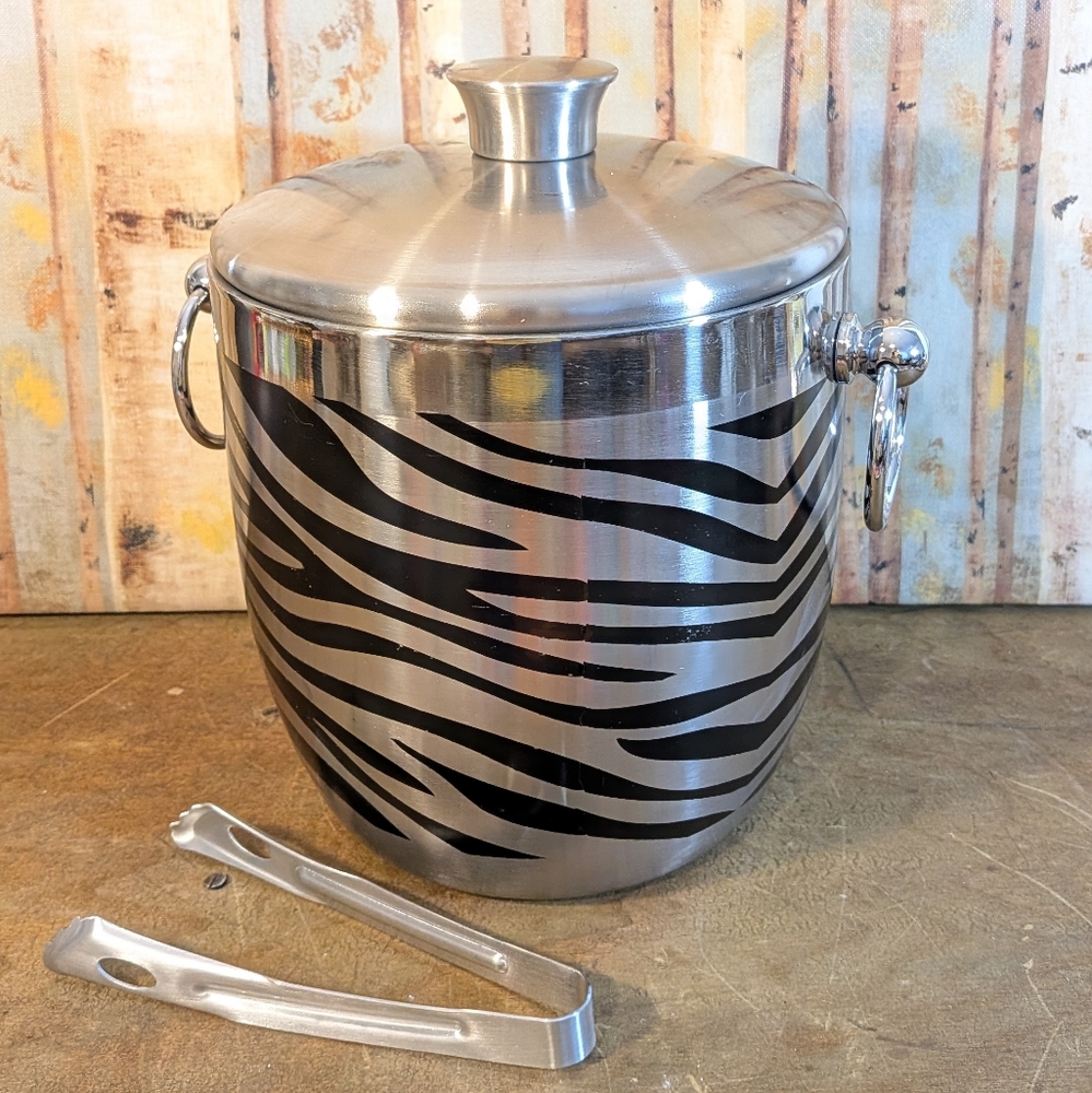 OGGI Stainless Steel Zebra Print Ice Bucket with Tongs